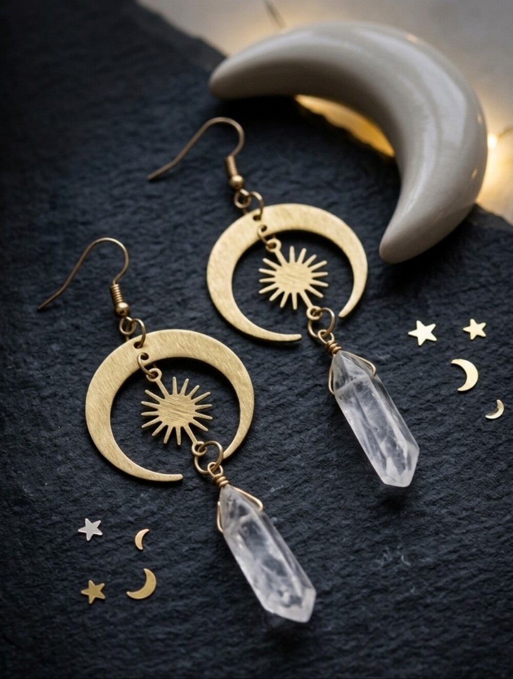 Gold Celestial Crescent Moon Sun Raw Clear Quartz Crystal Dangle Drop Earrings